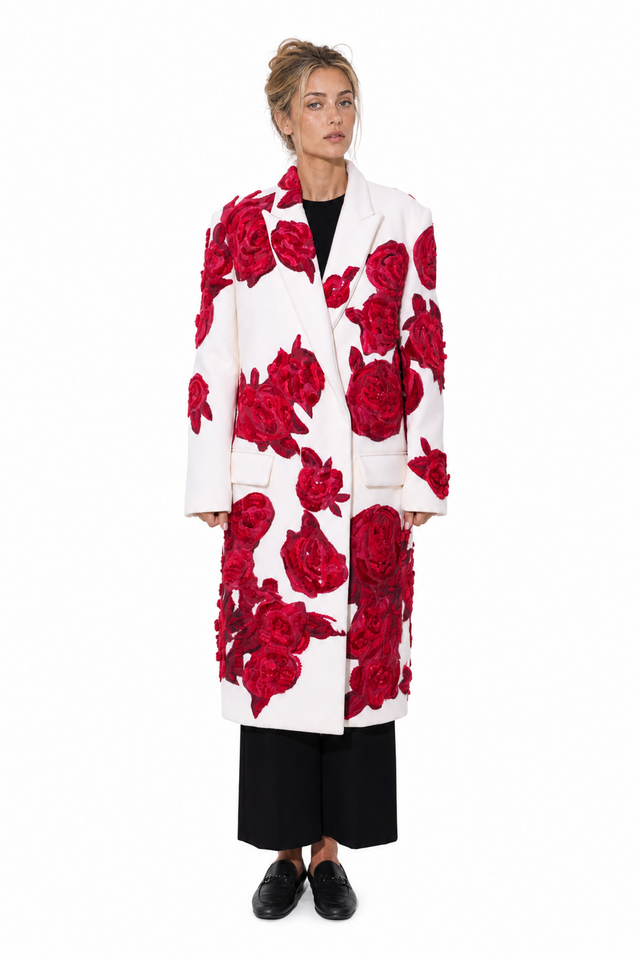 Valentino ivory double-breasted wool coat with 3D crimson velvet rose appliqués