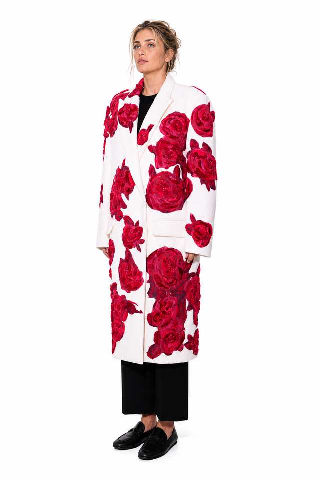 Valentino ivory double-breasted wool coat with 3D crimson velvet rose appliqués