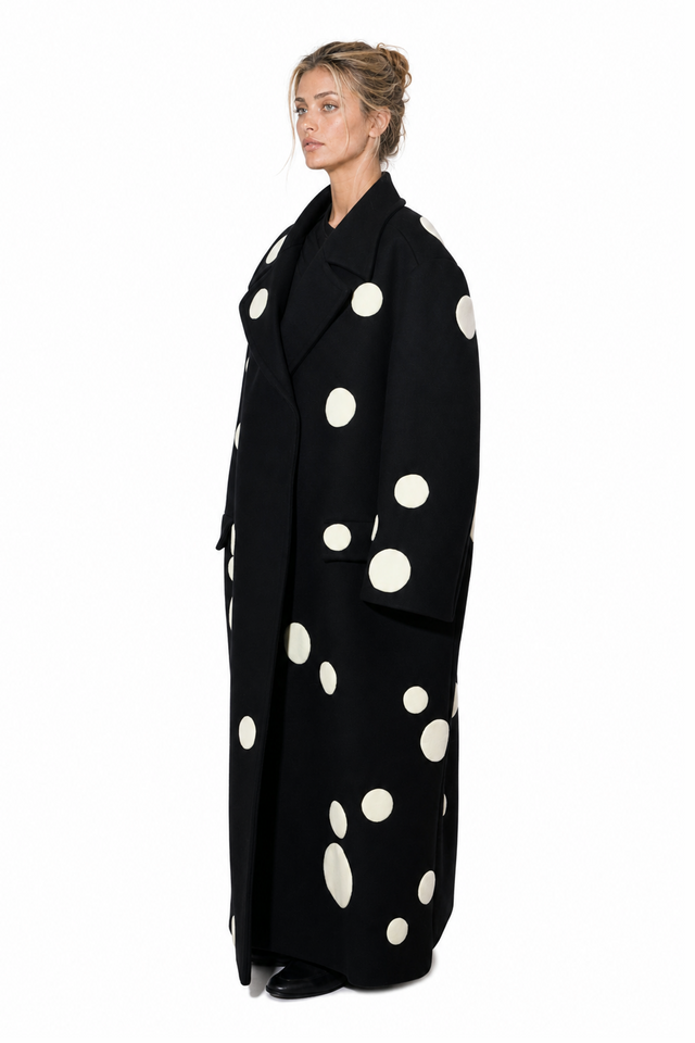 Valentino Polka Dot Virgin Wool Long Coat in Black & Ivory