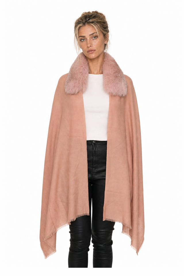 Valentino Fox Fur Collar Cashmere-Wool Fringe Cape Wrap in Dusty Rose Pink & Crimson Red