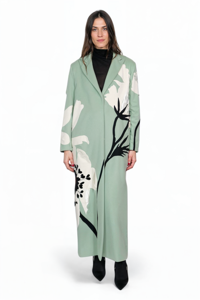 Valentino Floral Print Long Wool Coat in Mint Green