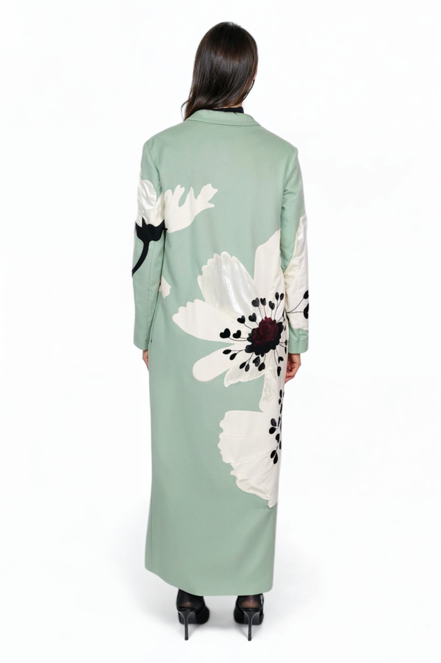 Valentino Floral Print Long Wool Coat in Mint Green