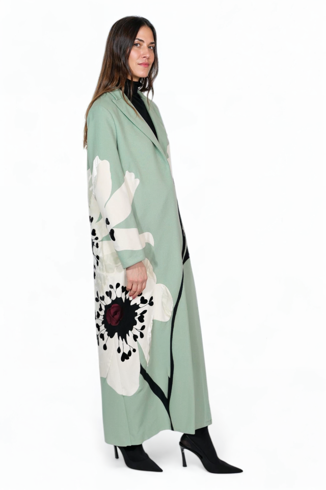 Valentino Floral Print Long Wool Coat in Mint Green