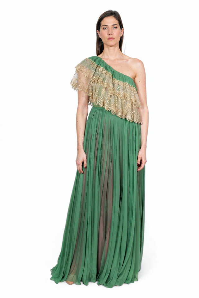 Valentino One-Shoulder Emerald Gown with Gold Lace Detail