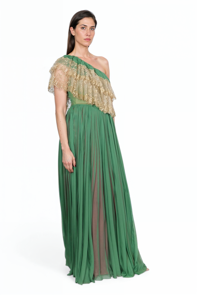 Valentino One-Shoulder Emerald Gown with Gold Lace Detail