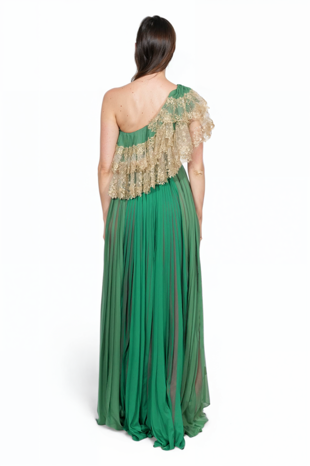 Valentino One-Shoulder Emerald Gown with Gold Lace Detail