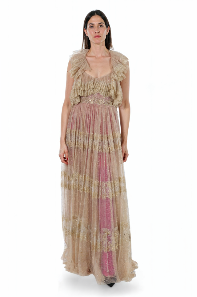 Valentino Ruffled Glitter Tulle Gown - Golden Blush