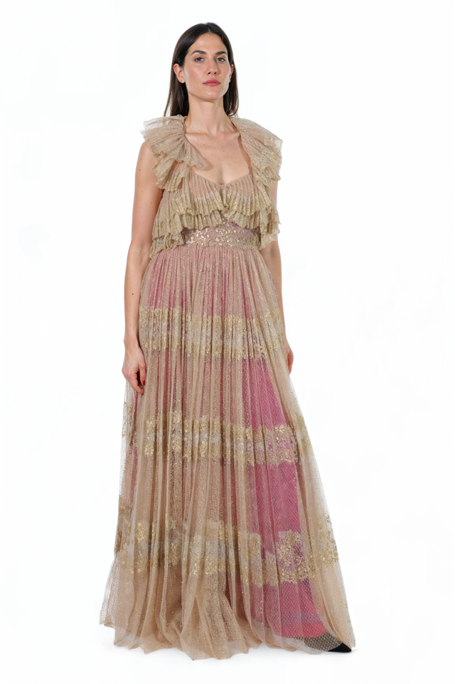 Valentino Ruffled Glitter Tulle Gown - Golden Blush