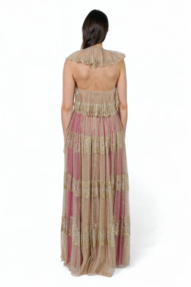 Valentino Ruffled Glitter Tulle Gown - Golden Blush