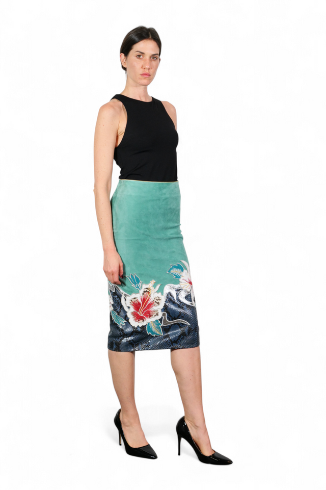 Valentino Floral Embroidered Pencil Skirt — Aqua & Midnight Blue