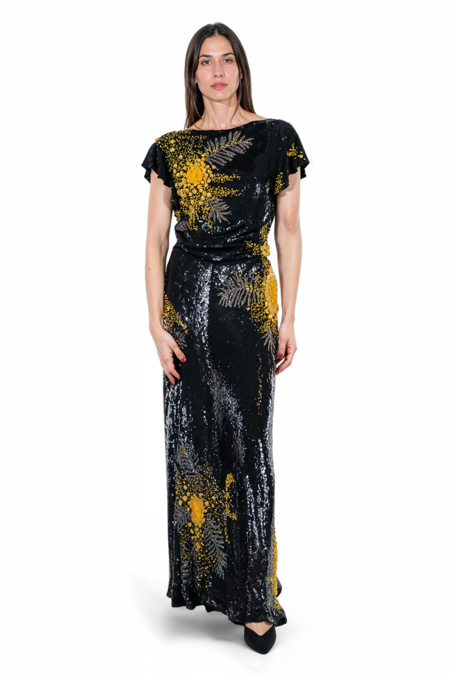 Valentino Sequin Floral Embellished Gown in Black and Gold
