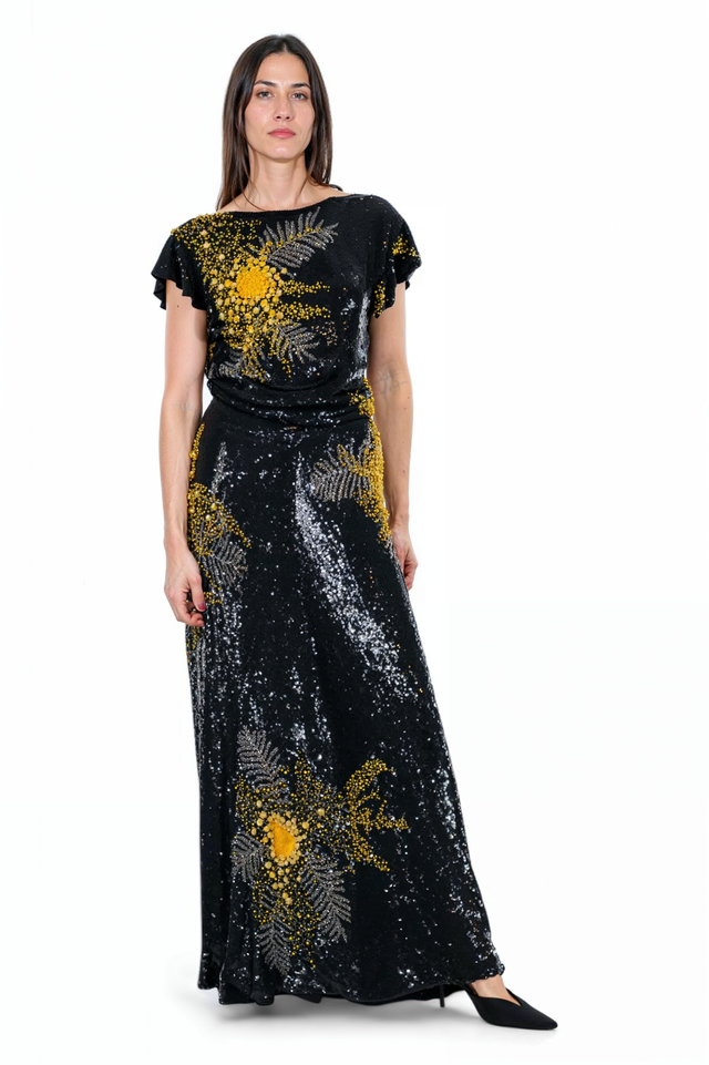 Valentino Sequin Floral Embellished Gown in Black and Gold