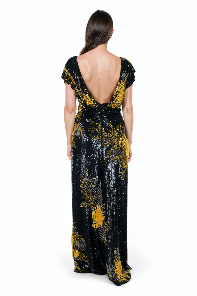 Valentino Sequin Floral Embellished Gown in Black and Gold