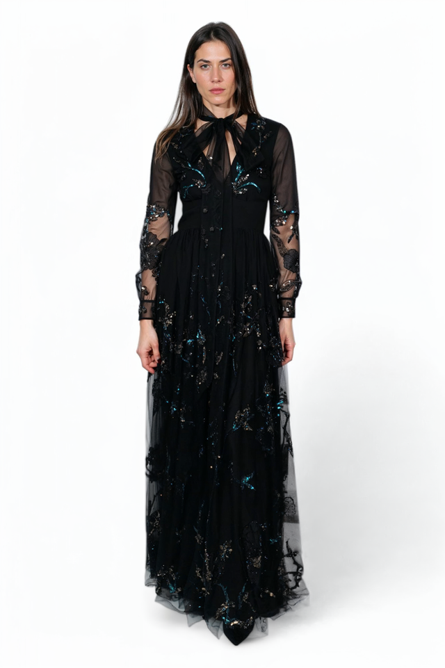 Valentino Embroidered Sheer Gown with Bow Detail