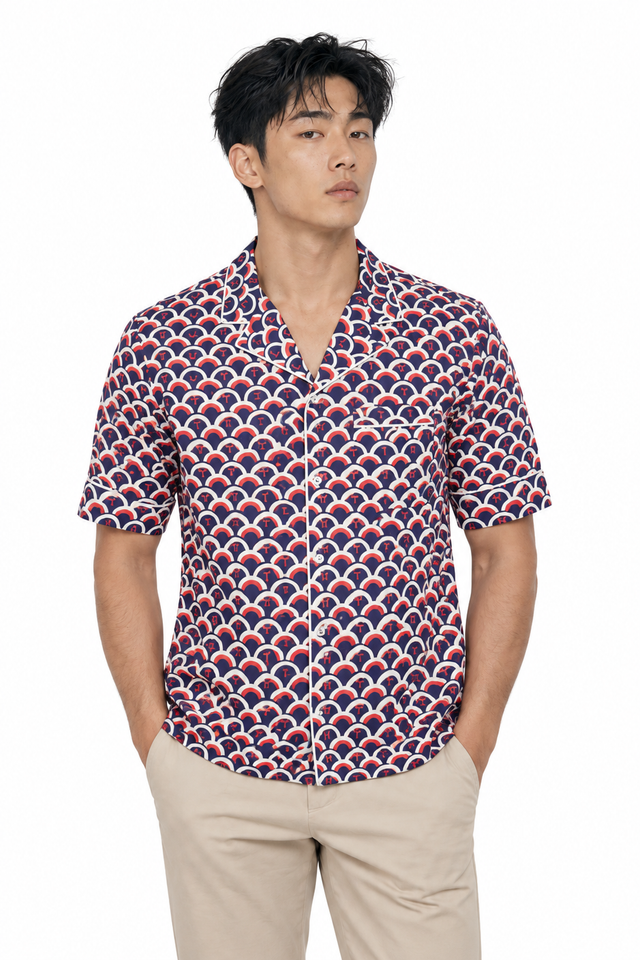 Valentino Men's Geometric Scale Print Silk Bowling Shirt in Navy & Red