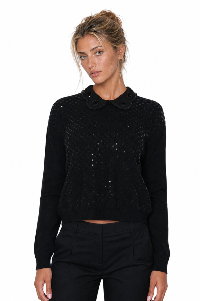 Valentino Sequined Peter Pan Collar Silk-Blend Sweater in Jet Black