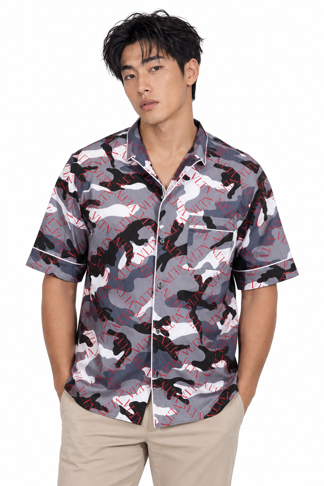 Valentino Men's VLTN Camouflage Printed Bowling Shirt in Grey & Red
