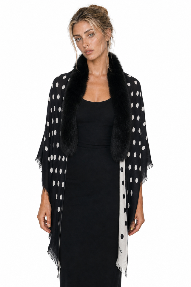 Valentino Polka Dot Wool-Cashmere & Fox Fur Collar Fringe Cape Wrap in Jet Black & Chalk White