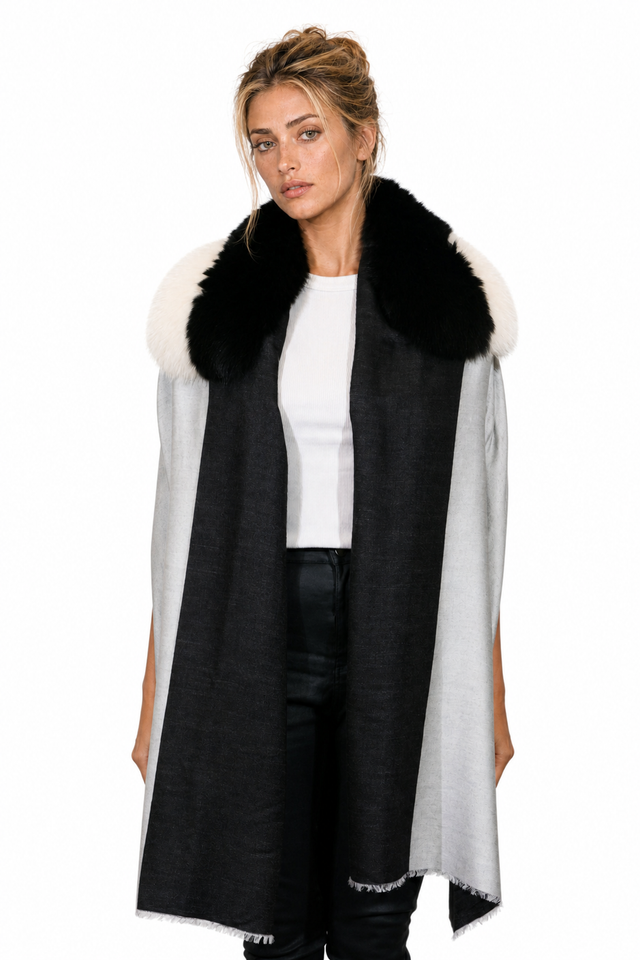 Valentino Colorblocked Cashmere Wool & Fox Fur Collar Wrap Cape in Jet Black & Dove Grey