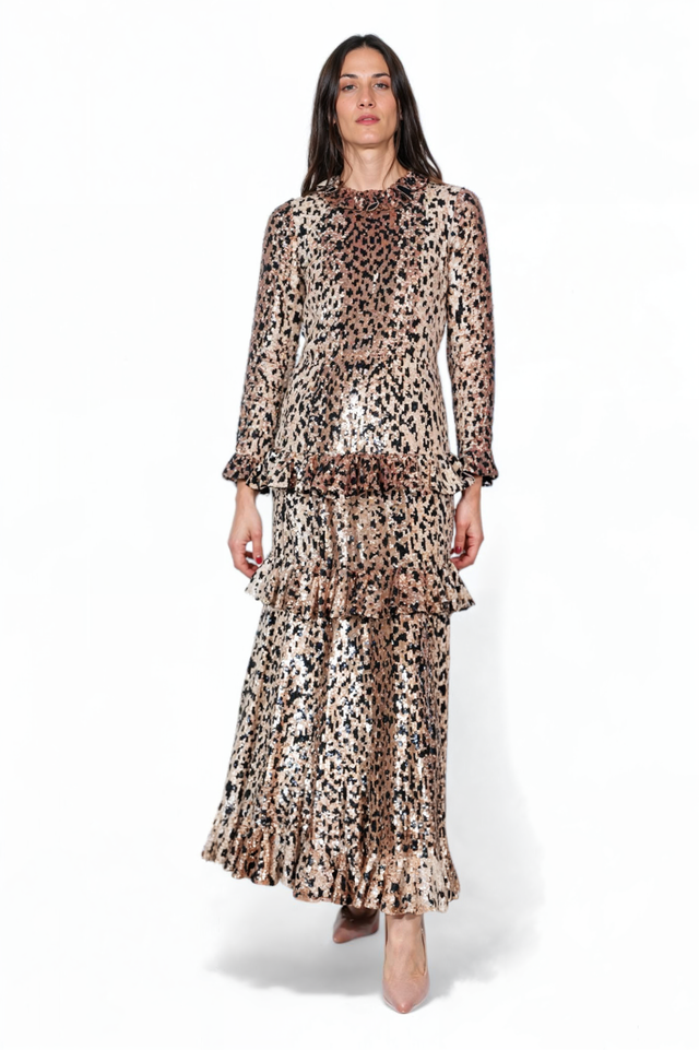 Valentino Sequined Animal-Print Tiered Gown