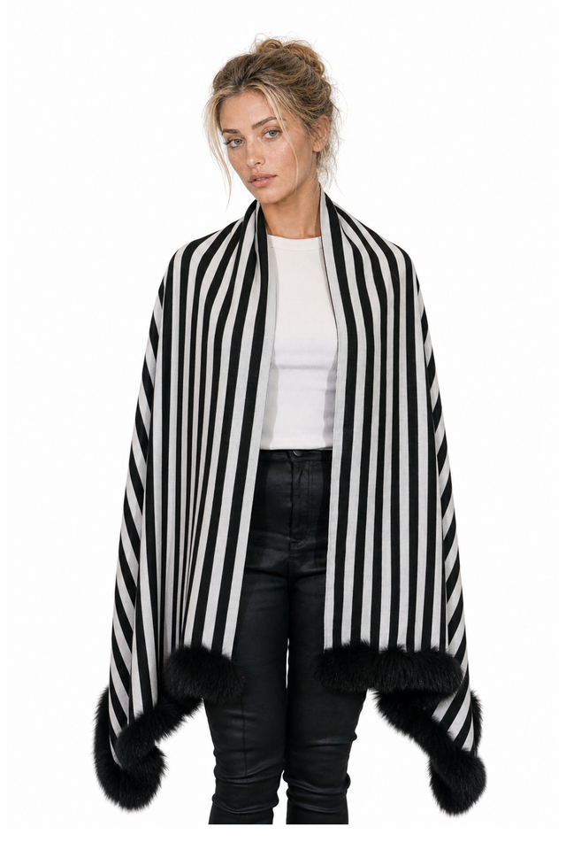 Valentino striped wool-cashmere cape wrap with mink fur trim in jet black and chalk white