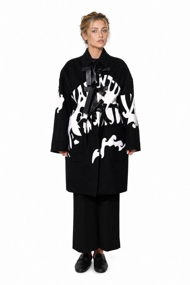 Valentino optical monogram leather-bow tie wool-blend coat in black and white