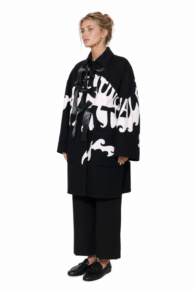 Valentino optical monogram leather-bow tie wool-blend coat in black and white