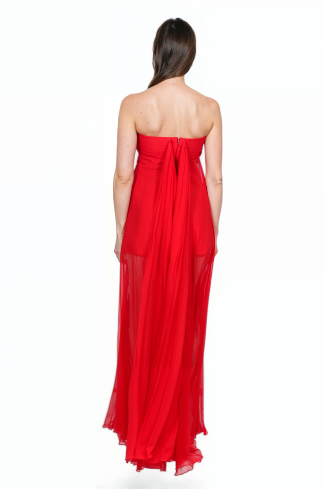 Valentino Strapless Red Chiffon Gown with Flowing Train