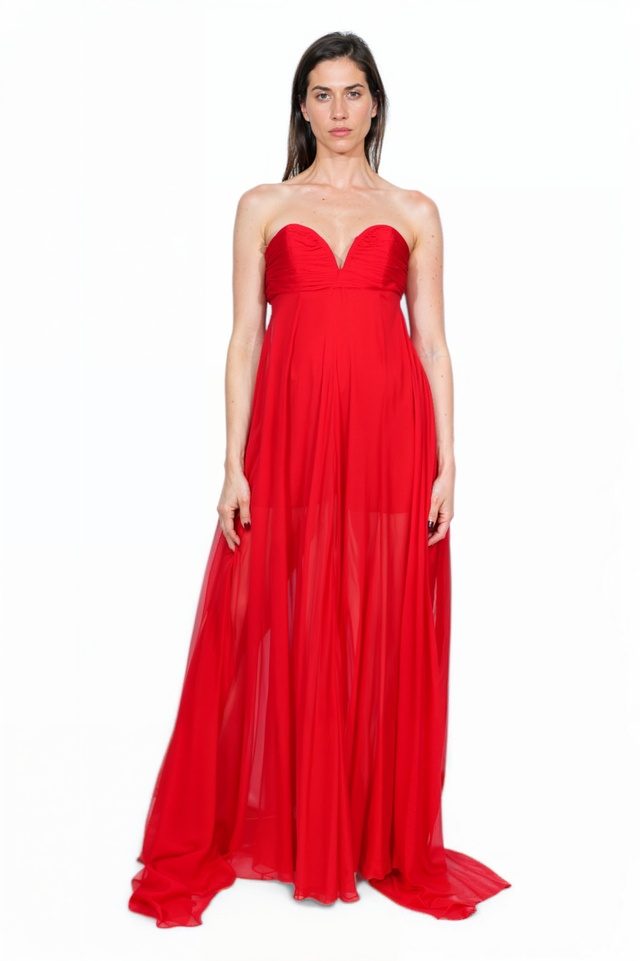Valentino Strapless Red Chiffon Gown with Flowing Train