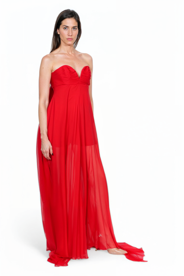 Valentino Strapless Red Chiffon Gown with Flowing Train
