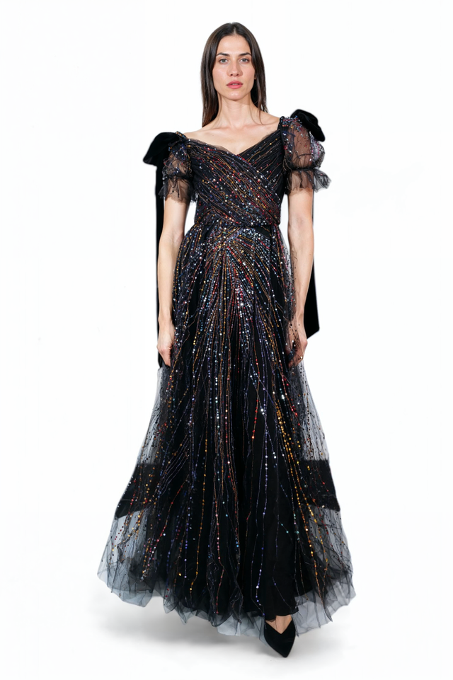 Valentino Beaded Tulle Evening Gown in Black