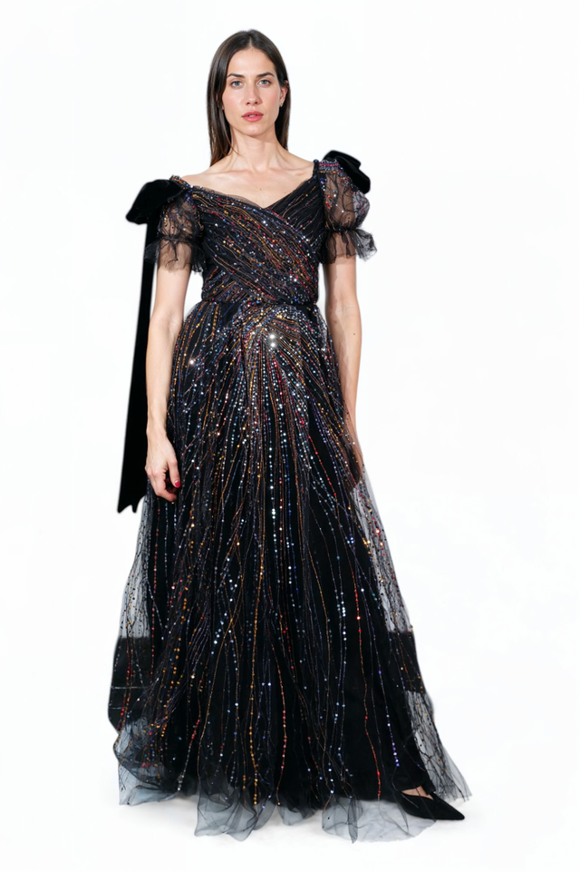 Valentino Beaded Tulle Evening Gown in Black