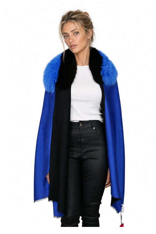 Valentino Colorblocked Wool-Cashmere & Fox Fur Collar Fringe Cape Wrap in Cobalt Blue, Dusty Rose Pink & Crimson Red