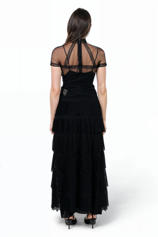 Valentino Sheer Lace Panel Tiered Evening Gown in Black