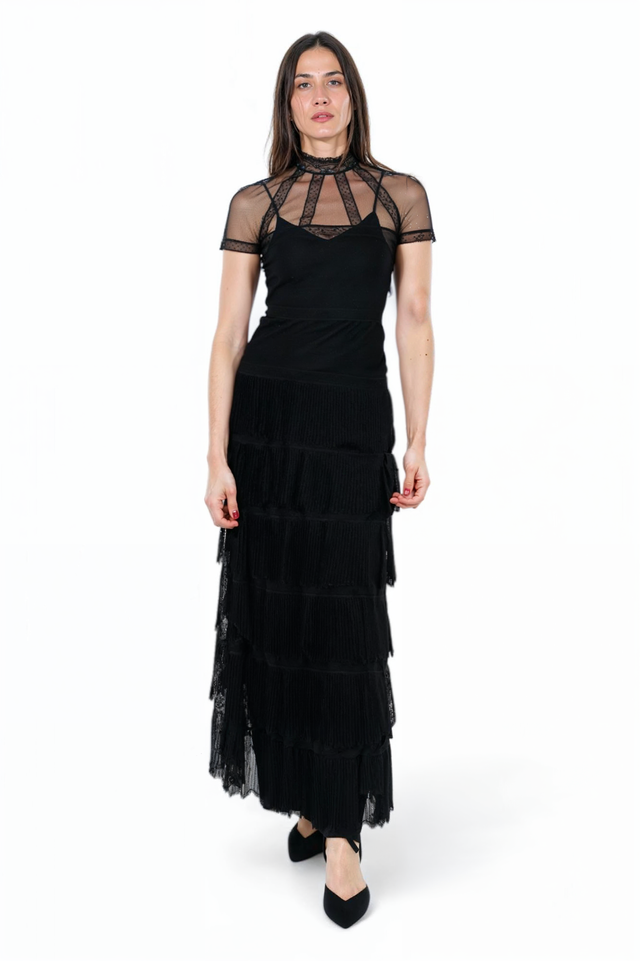 Valentino Sheer Lace Panel Tiered Evening Gown in Black