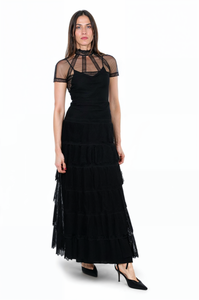 Valentino Sheer Lace Panel Tiered Evening Gown in Black