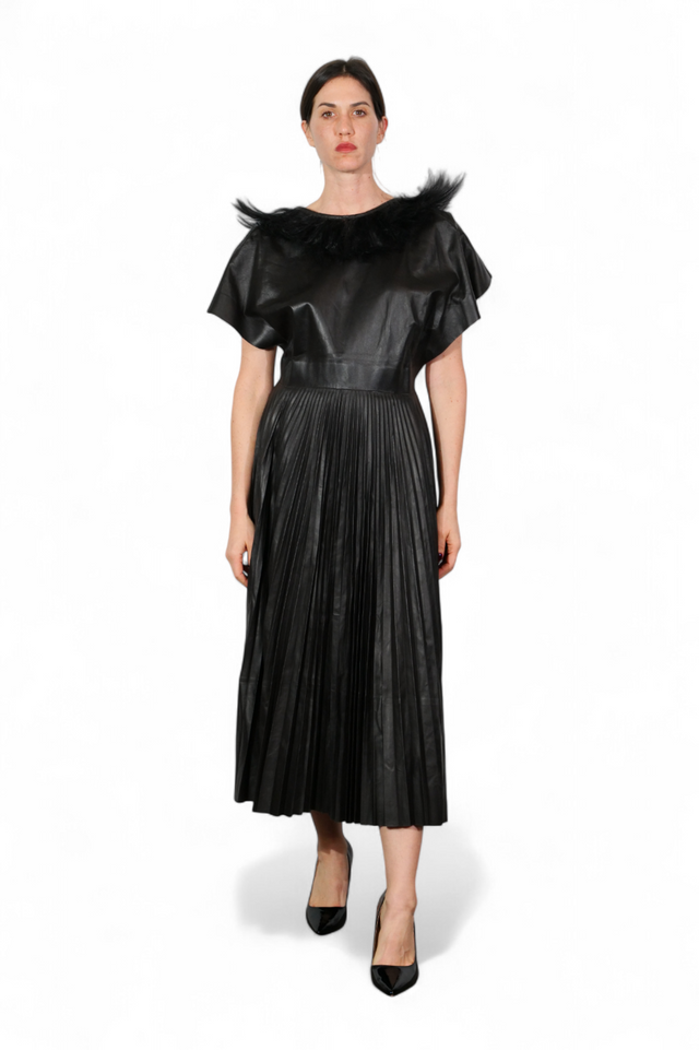 Valentino Pleated Leather Dress with Feather Collar — Black