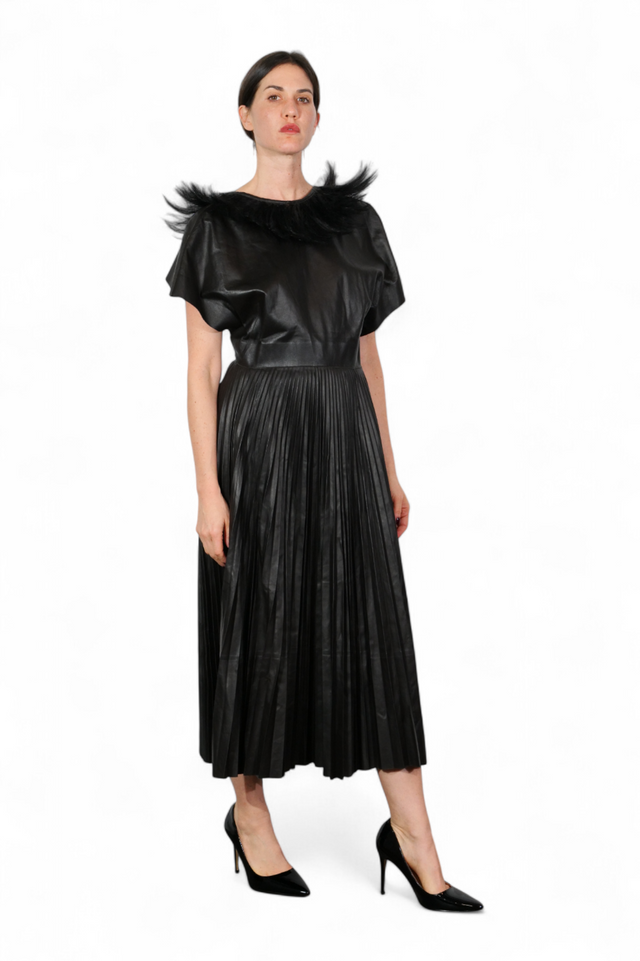 Valentino Pleated Leather Dress with Feather Collar — Black
