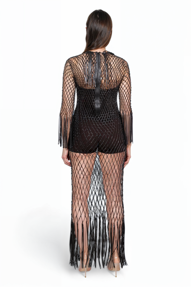 Valentino Black Mesh Fringe Gown