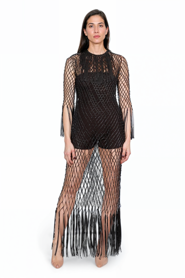 Valentino Black Mesh Fringe Gown