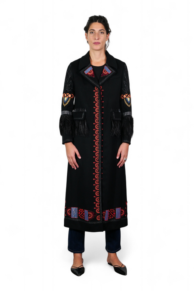 Valentino Embroidered Wool Coat with Feather Cuffs — Black & Red