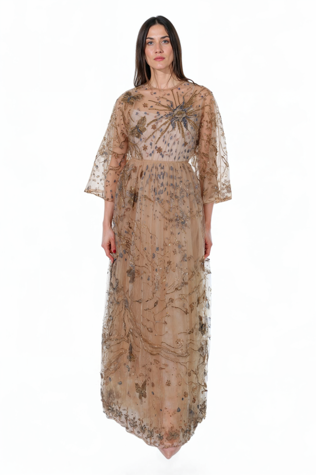 Valentino Embroidered Sheer Gown - Camel Rose