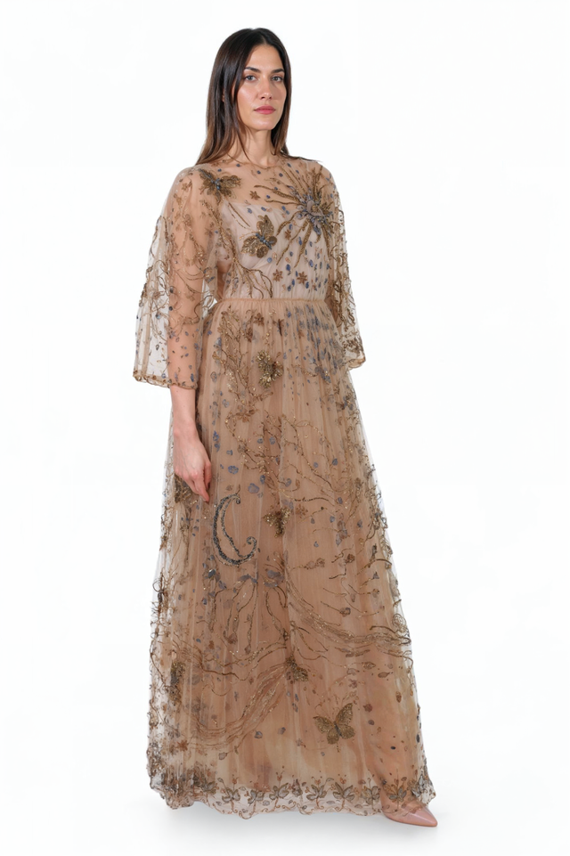 Valentino Embroidered Sheer Gown - Camel Rose