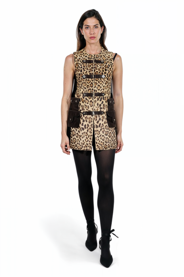 Valentino Leopard Print Utility Dress with Brown Accents