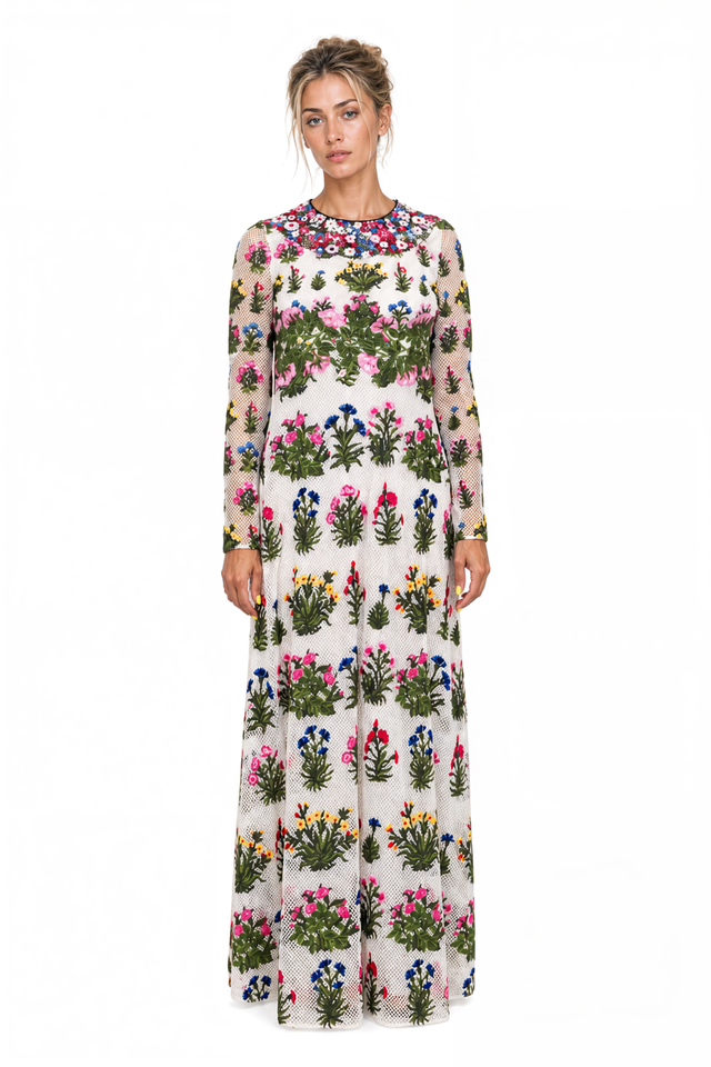 Valentino Floral Embroidered Gown with Sheer Overlay