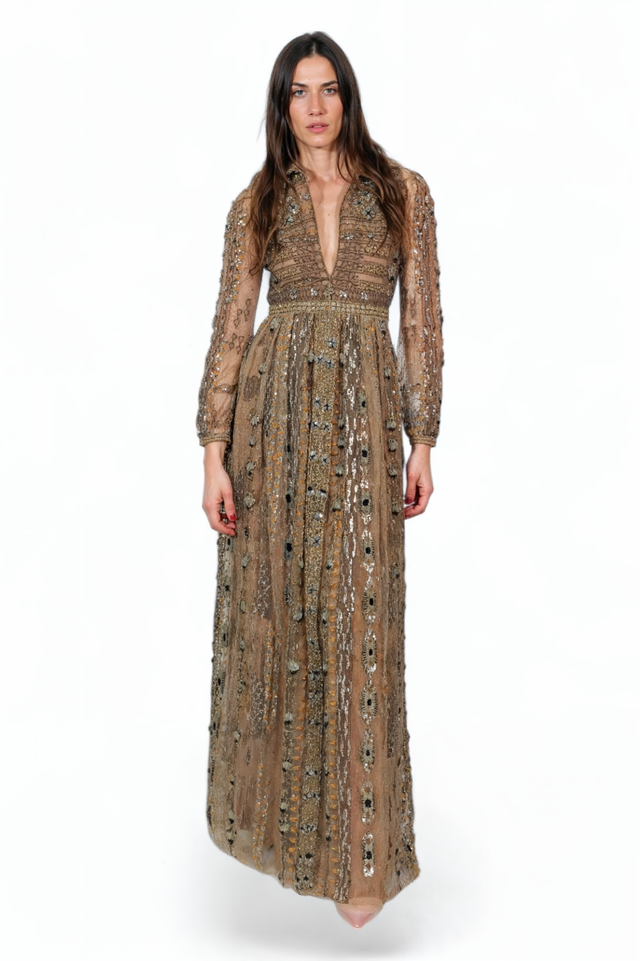 Valentino Embellished Long-Sleeve Gown in Gold