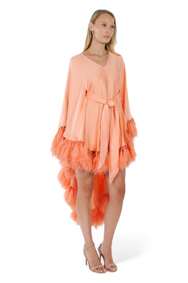 Valentino Peach Feather-Trimmed Kaftan Dress