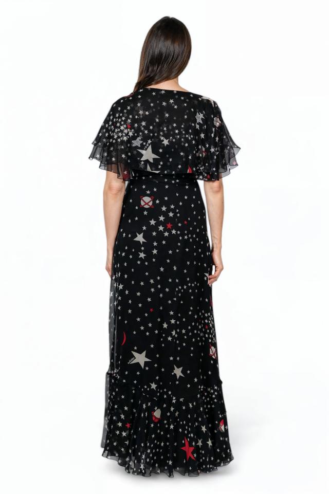 Valentino Celestial Print Wrap Gown in Black