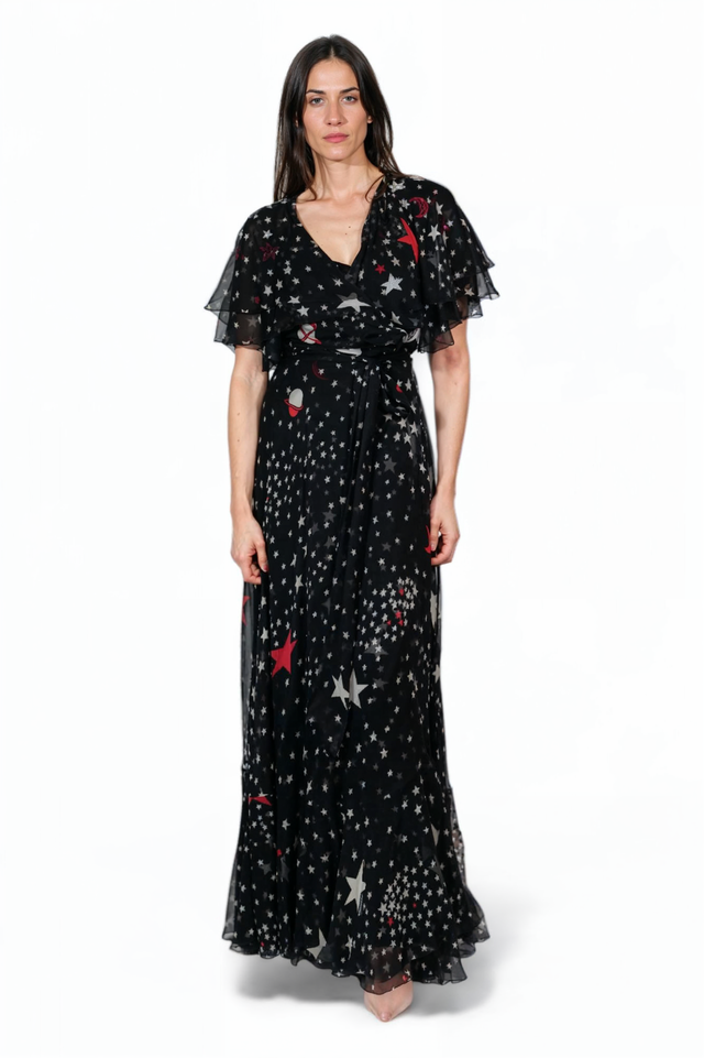 Valentino Celestial Print Wrap Gown in Black