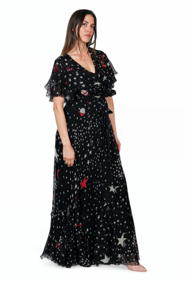 Valentino Celestial Print Wrap Gown in Black